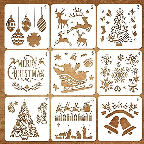 9 бр. Коледни Шаблони, Шаблони, за Многократна употреба шаблони за рисуване с ръце, Коледни Шаблони за пръскане, пръскане на врати прозорци,