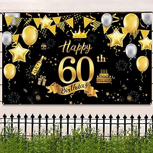 Mocossmy С 60-Годишнината на Фона на Банер Украса За Партита, Много Голям Черен Златен Плакат с Надпис Happy Birthday, Фон за Снимки, Вечерни Аксесоари за Дома за Рожден Ден, Год?