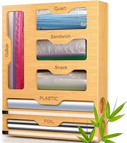 Органайзер за бамбук чанти 6 в 1 джоб с диспенсером за фолио и полиетиленово фолио и нож, съвместими с ролята размер до 12
