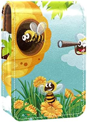 Малък Предпазител за Червило под формата на Пчелните Насекоми с Зеркальцем За Чантата си, Здрава Кожа Козметични Титуляр За Грим, Преносим