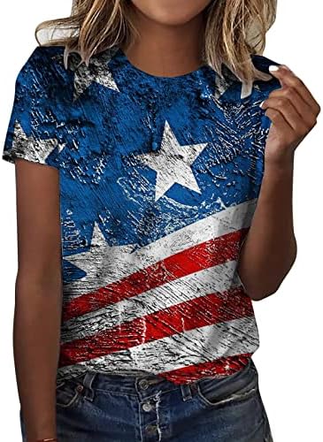 Ризи 4 юли, Дамска Лятна Туника с Флага на САЩ, Върхове с кръгло деколте и Къс ръкав, Райе със Звездите, Свободното Намаляване, Ежедневни