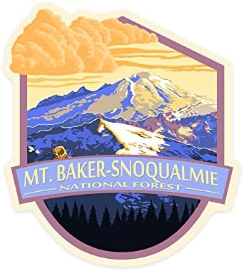 Стикер за щанцоване на националното управление по горите на Планината Бейкър-Snoqualmie, Вашингтон, планината Бейкър при залез