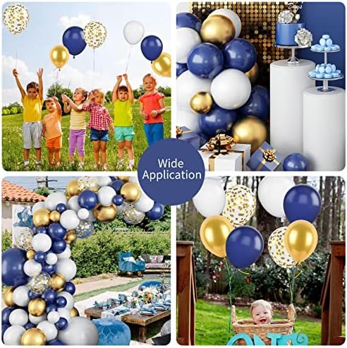 GREMAG Тъмно Синьо Златна Арка с Венец от балони, Сини, Златни и бели балони, 102 бр. със Златни топки за украса на парти Конфети, Матиран