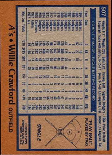 1978 Topps 507 Уили Крауфорд Оукланд Атлетикс (бейзболна картичка) NM / MT Атлетикс