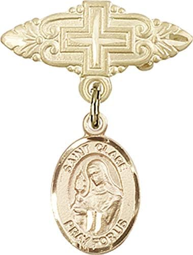 Детски икона Jewels Мания за талисман на санта Клара Ассизской и игла за бейджа с Кръст | Детски иконата със златен пълнеж с талисман санта
