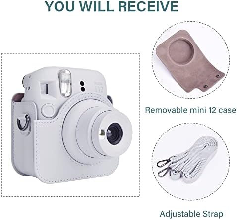 Калъф за фотоапарат Rieibi за Fuji Instax Mini 12 - Защитен калъф от изкуствена кожа за фотоапарат непосредствена печат Fujifilm Instax Mini 12 - свалящ се с регулируем пагон - Бял