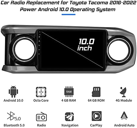 Андроид 10 Автомобилна Стерео за Toyota Tacoma 2017 2018 2019 2020 2021 2022 Подмяна на радио GPS Навигация 10-Инчов Сензорен Екран Мултимедийна Поддръжка на WiFi, Bluetooth CarPlay