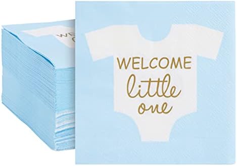 100 Опаковки Салфетки за душата Welcome Little Baby One за момчета, Бижута, изработени от Златно фолио, Разкрива пол, Светло синьо