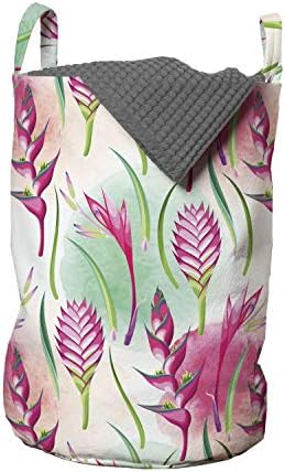 Чанта за дрехи Ambesonne Екзотични, Ендемични Тропически цветя на фона на петна, боя, Кошница за дрехи с дръжки, закрывающаяся на шнур, за пране, 13 x 19, Виолетово-зелена Па?