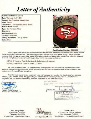1994 49ers SB 29 отбор подписа каска FS Джери Райс Дион Сандърс Стив Янг JSA - Каски NFL с автограф
