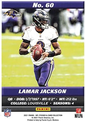 Поставяне на стандартен размер Панини 2021 (от набор От етикети) 60 Търговска картичка Lamar Jackson Балтимор Рейвънс Футбол NFL Trading