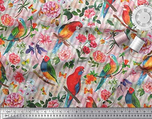 Памучен трикотажная плат Soimoi райе, с принтом камелия и папагал, плат за бродерия ширина 58 см