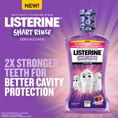 Омекотители за устната кухина Listerine Smart Rinse Kids, не съдържащ алкохол, с фторидом, за защита на устната кухина, приет от АДА, с вкус на горски плодове спрей за грижа за ус