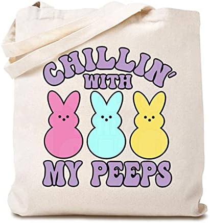 TSIIUO Дамски Холщовая чанта-тоут Chillin' with My Peeps, Забавна чанта със Заек за Великден, Множество Холщовая чанта Happy Easter