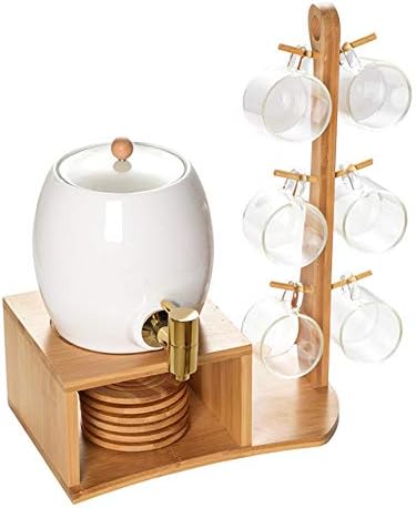 DNAN Бял Чайник Кафеена чаша Керамичен Комплект с Меден кран Порцеланов чайник и Поставка (Комплект от 6 чаши със стойка)