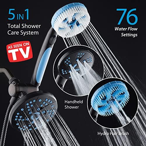 Аквассаж 5 в 1 от AquaCare - 76-режимная накрайник за душ с високо налягане, Комбиниран душ, ръчен душ, четка за тяло и четка за коса в една бутилка! С две скоби, удължен с 6-фу