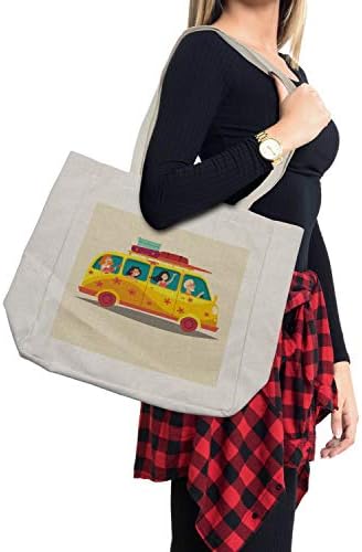 Чанта за пазаруване Ambesonne Camper, Реколта хипи минивэне с багажа и дъски за сърф, Карикатура на тропически Почивка, Дългогодишна