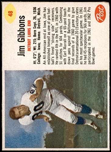 1962 Пост-люспи # 48 Джим Гибънс Детройт Лайънс (Футболна карта) VG Lions Айова