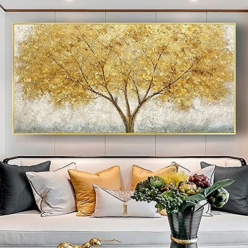 WunM Studio CE Модерна Ръчно Рисувани Живопис с маслени бои Върху платно Златисто-Жълт Цвят, Богато Дърво, Цвете, Художествена