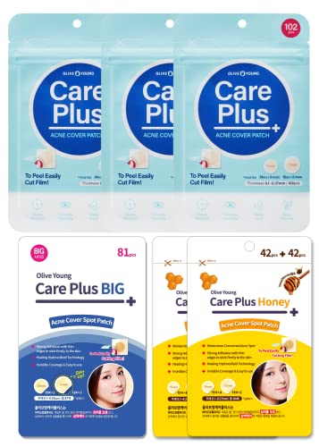 Olive Young | Care Plus Точков си 3 опаковки (брой 306) + Care Plus Honey Scar Cover Корейски точков си 2 опаковки (брой 168) + Care Plus Корейски точка пластири голям размер от акне 1 опаковка (брой 81