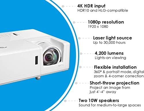 Професионален лазерен проектор Optoma ZH406STx с къс ход на Full HD | Лазерна технология DuraCore | Висока яркост 4200 лумена | запис на 4K HDR | Корекция на изображението по четирите кр