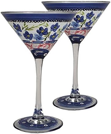 Комплект чаши за мартини Golden Hill Студио с ръчно рисувани от 2 чаши за мартини - Колекция Barcelona Blue Flower - - Съдове ръчно рисувани от художници САЩ - Уникални чаши за мартин
