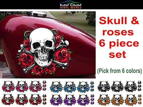 Етикети на крило и щепсела на резервоара мотоциклет с череп и рози, Комплект от 6 теми, избор от 6 цвята (червен)