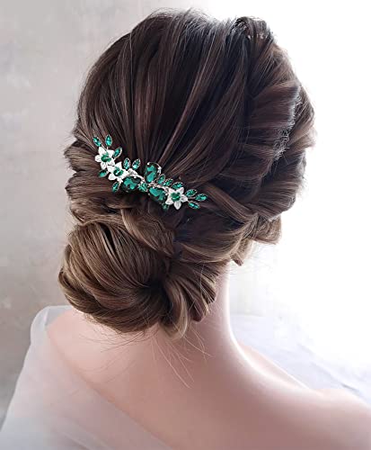 Campsis Bride, сребърна сватба гребен за коса, сватбена прическа със зелен кристал, цвете от планински кристал, сватбени