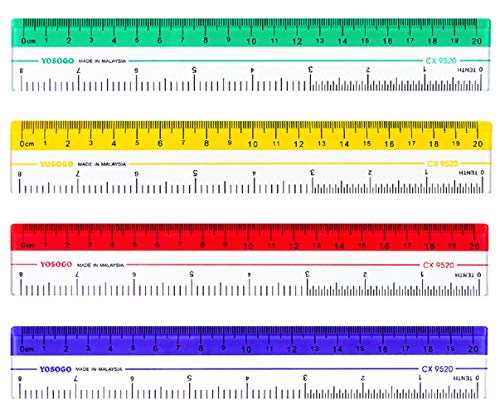 линия 8 инча | Линия 20 см | Прозрачни Пластмасови линия | Опаковка от 12 линии на най-високо качество | Жълти, Зелени, Червени и Сини