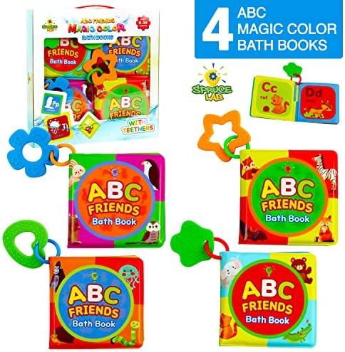 Spruce Lab ABC Friends Магически цветни книги за баня - Комплект от 4 книги за вана - Забавни играчки за къпане на малки деца - Магически животни, появяващи Се във водата Играчк?