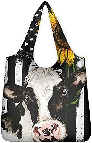 WELLFLYHOM Cow Красиви Чанти-Тоут, Хранителни Чанти, Торби за Многократна употреба за Пазаруване, е Американския Флаг, Слънчоглед,