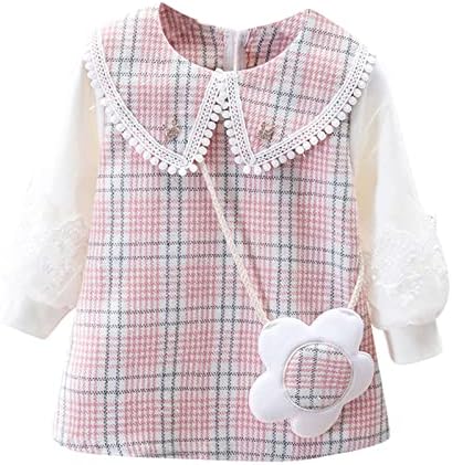 Рокли за малки момичета, Комплект дрехи Принцеса с дълги ръкави и принтом в клетка за малки Момичета, Комплект с чанта за Момичета (Розово-2-3