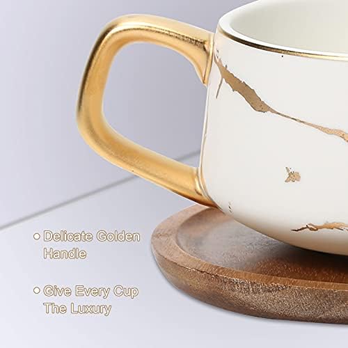 ENJOHOS 10 Грама Керамични Чаена Чаша Кафе, Комплект с Дървени Блюдцем Европейски Златен Набор от Блюдец за Ръчна Работа (Бял)
