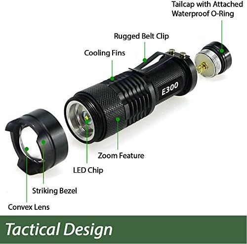 Малки джобни led тактически фенери - EcoGear FX E300 - 3 режима на осветление, регулируемо увеличение, Водоустойчив с прикрепена скоба за колан - Мини фенерче, EDC, който ще се п