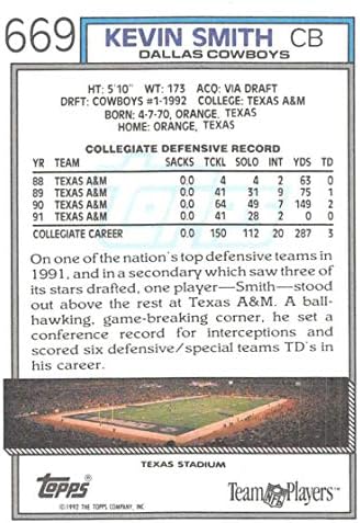 1992 Topps Football 669 Карта начинаещ Kevin Smith RC Далас Каубойс DB Официалната търговска карта най-високата серия