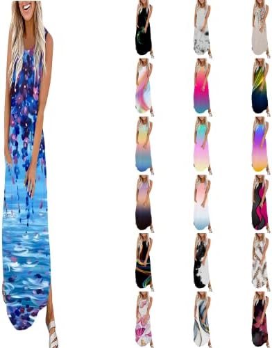 AIZONGK / жена годишният дълъг сарафан без ръкави, с бохемски цветисти принтом, с джобове, за плаж, отдих, рокли с дължина до пода