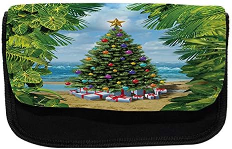 Foldout Коледен молив случай за Моливи, Тропически Плажове, Тъканно Чанта за Моливи с Двоен цип, 8,5 x 5,5, Зелено-Синьо