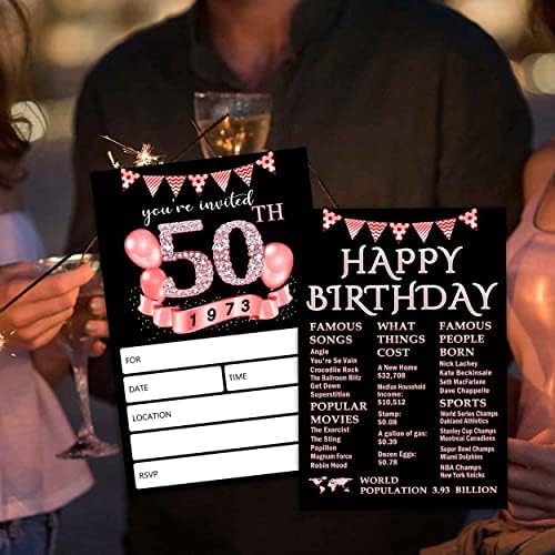 QZCYU Покани на 50-ти рожден ден в Пликове За жени, Покани за парти в чест на 50-годишнината, Покани за рожден Ден за възрастни от черно и розово злато - пакет от 20