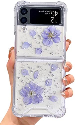 Калъф Abbery за Samsung Galaxy Z Flip 3 5G Прозрачен с дизайнерски Брилянтен Высушенным Истински Прессованным цвете, Сладък Блясък от