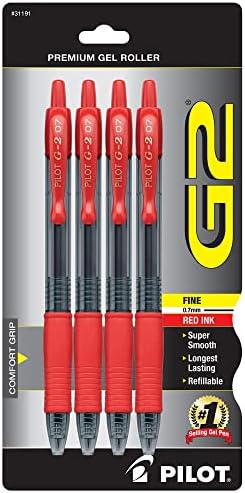 Прибиращи Гел химикалки Pilot® G-2™, Fine Point, 0,7 мм, Прозрачни бъчви, с Червено мастило, Опаковка от 4 броя