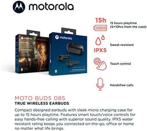 Motorola Moto Рецептори 085 - Истински безжични Bluetooth слушалки с микрофон и калъф за зареждане USB-C - Водоустойчивост IPX5,