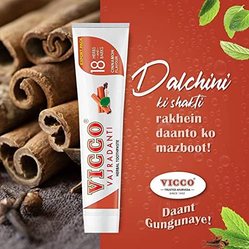 Билкова паста за зъби Vicco Vajradanti с 18 аюрведа билки и кора с вкус на канела - Опаковка от 3 броя (по 200 г всяка) - Специално опакован и се изнасят Behal International
