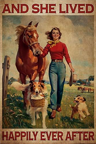 Метална Лидице ретро Табела - Ретро Метален Плакат на Момичето с коня и Кучетата, Тя е живяла дълго и щастливо, Метален Плакат, Винтажное Изкуство, Ретро Метален Пла?