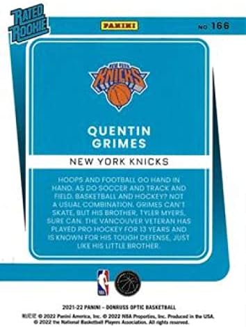 2021-22 Donruss Optic 166 Куентин Граймс Рейтинг Начинаещи RC Начинаещ Ню Йорк Никс Баскетболно карта НБА