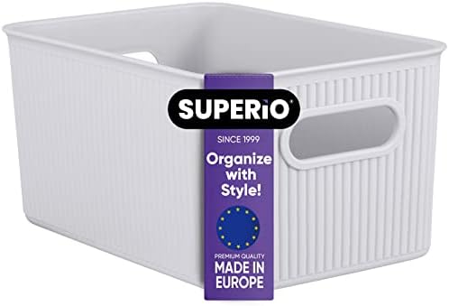 Колекция Superio Ribbed - Декоративни Пластмасови Отворени Кутии за съхранение на Вещи За дома, Кошница-Организаторите, Среден Бял Дим