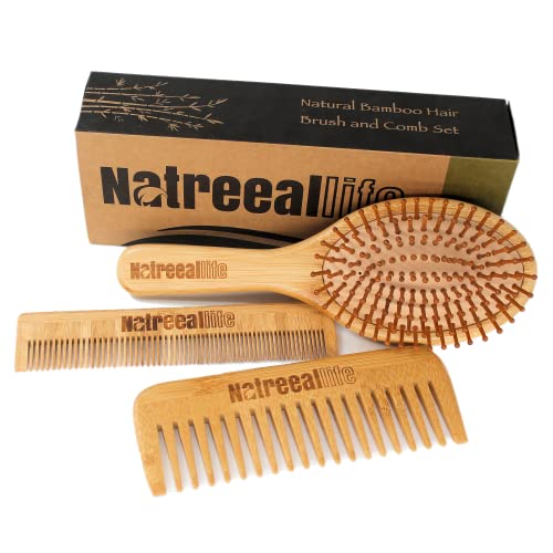 NatreealLife - 3 бр. Комплект четки за коса от естествен Бамбук, за жени, мъже и деца | Включва Масажното Щетинную гребен за кожата на главата, Широкозубую и укладочную греб?
