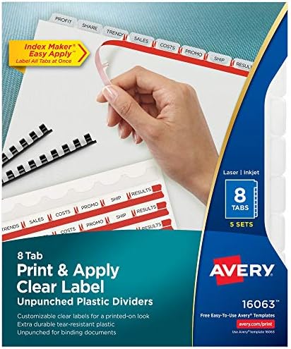 Разделители за подвързване от Нешлифованного пластмаса Ейвъри с 8 Язычками, Прозрачна Лента за отпечатване и поставяне на етикети Easy Print & Apply, Индексатори, на 5 груп?