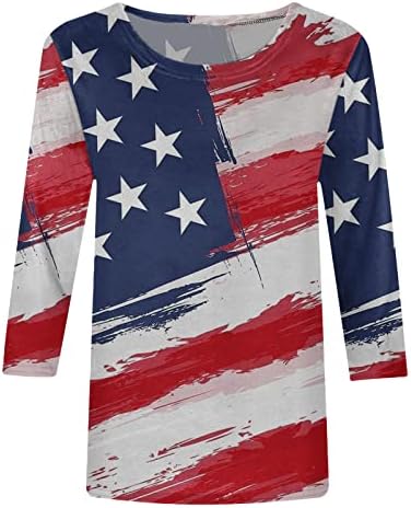 Дамски Летни Патриотични Тениска с Американския Флаг, Летни Дневни Празнични Блузи с ръкави 3/4, 4 юли, С кръгло Деколте,