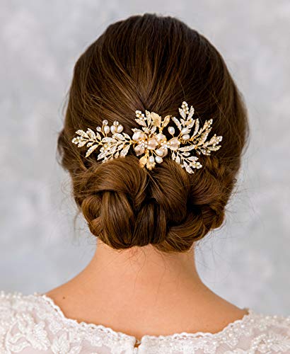 Сватбена гребен ръчно изработени SWEETV, гребен за коса с кристали, златни аксесоари за коса за сватбата на младоженците