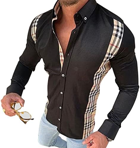 Мъжки Каре Риза в стил мозайка с дълъг ръкав, Ежедневни Ризи с копчета с отложным яка, Бизнес риза, Топ (Син, 3 размера)